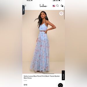 Sultry Luxury Blue Floral Print Mesh Tiered Bustier Maxi Dress